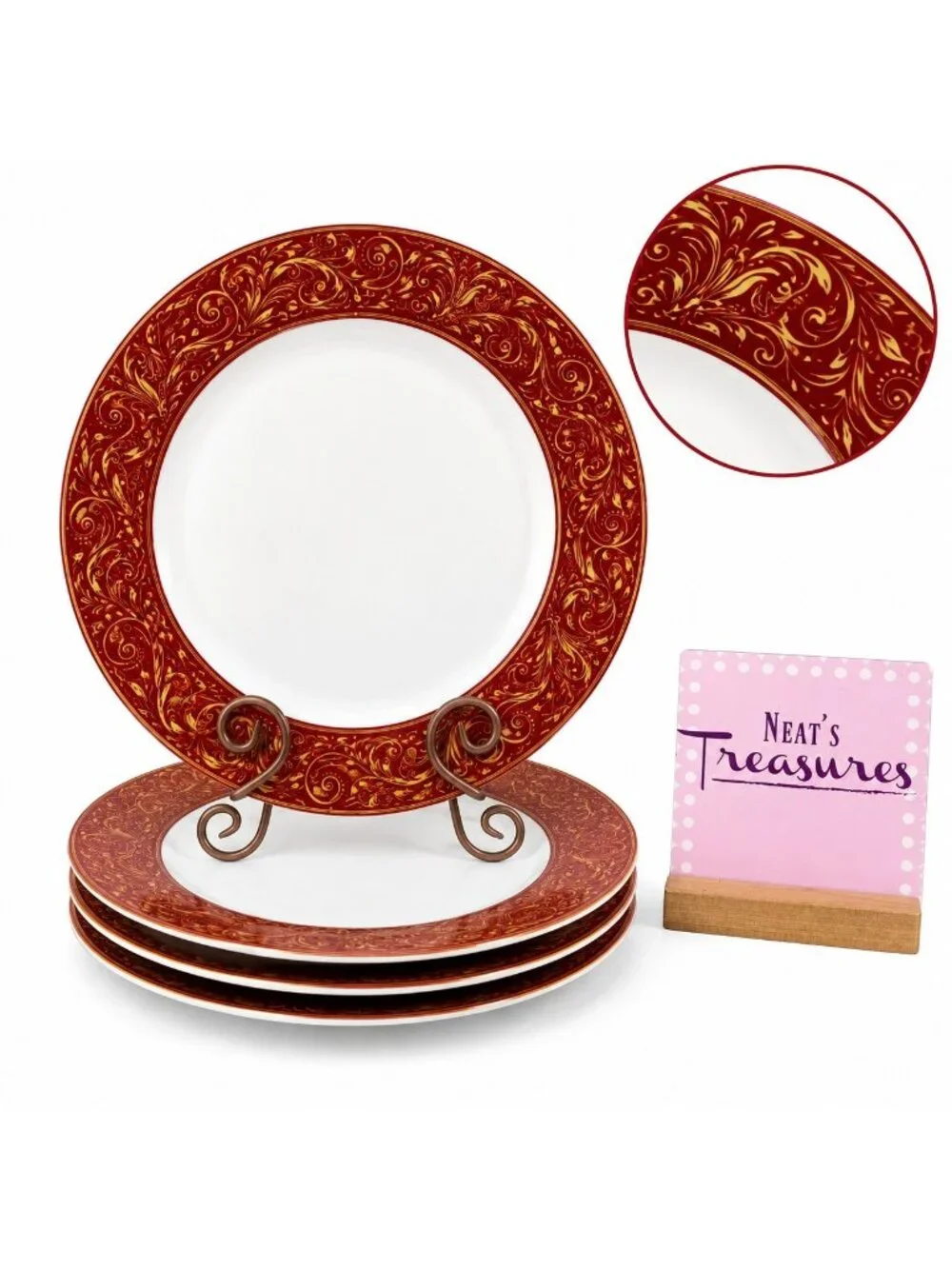 Chris Madden JC Penny MONTALIRA RED Gold Scroll Porcelain Dinner Plate Set 4
